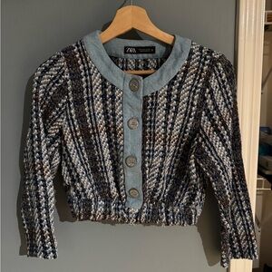 Zara Blue and White Tweed Jacket
